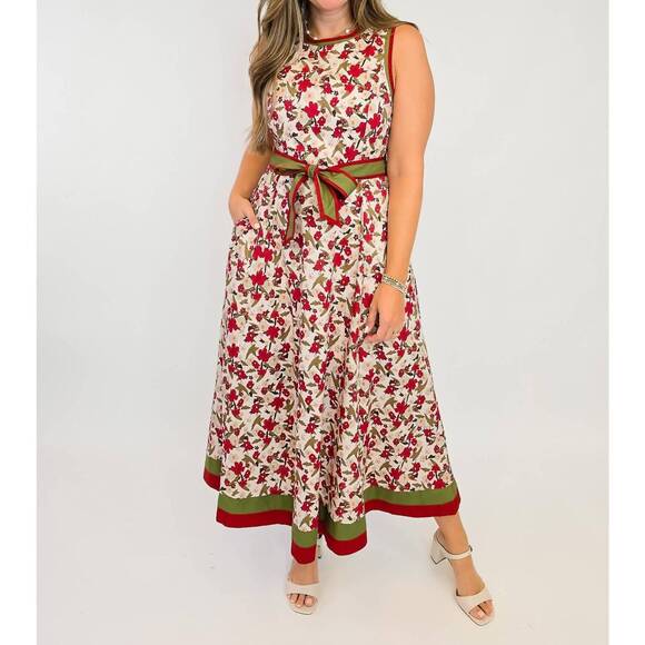 ENTRO Dresses & Skirts - NEW ENTRO sleeveless floral print midi dress in ecru